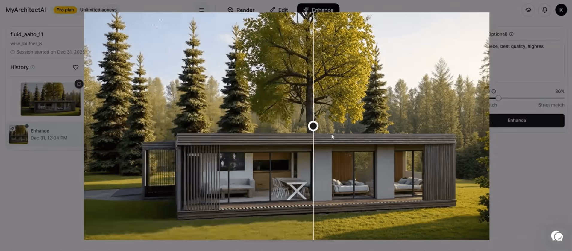 MyArchitectAI AI-powered render enhancer before and after comparison