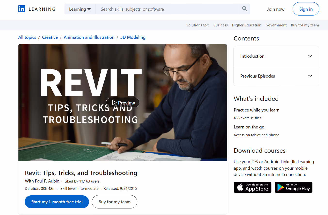 LinkedIn Learning Revit tips tricks and troubleshooting course page