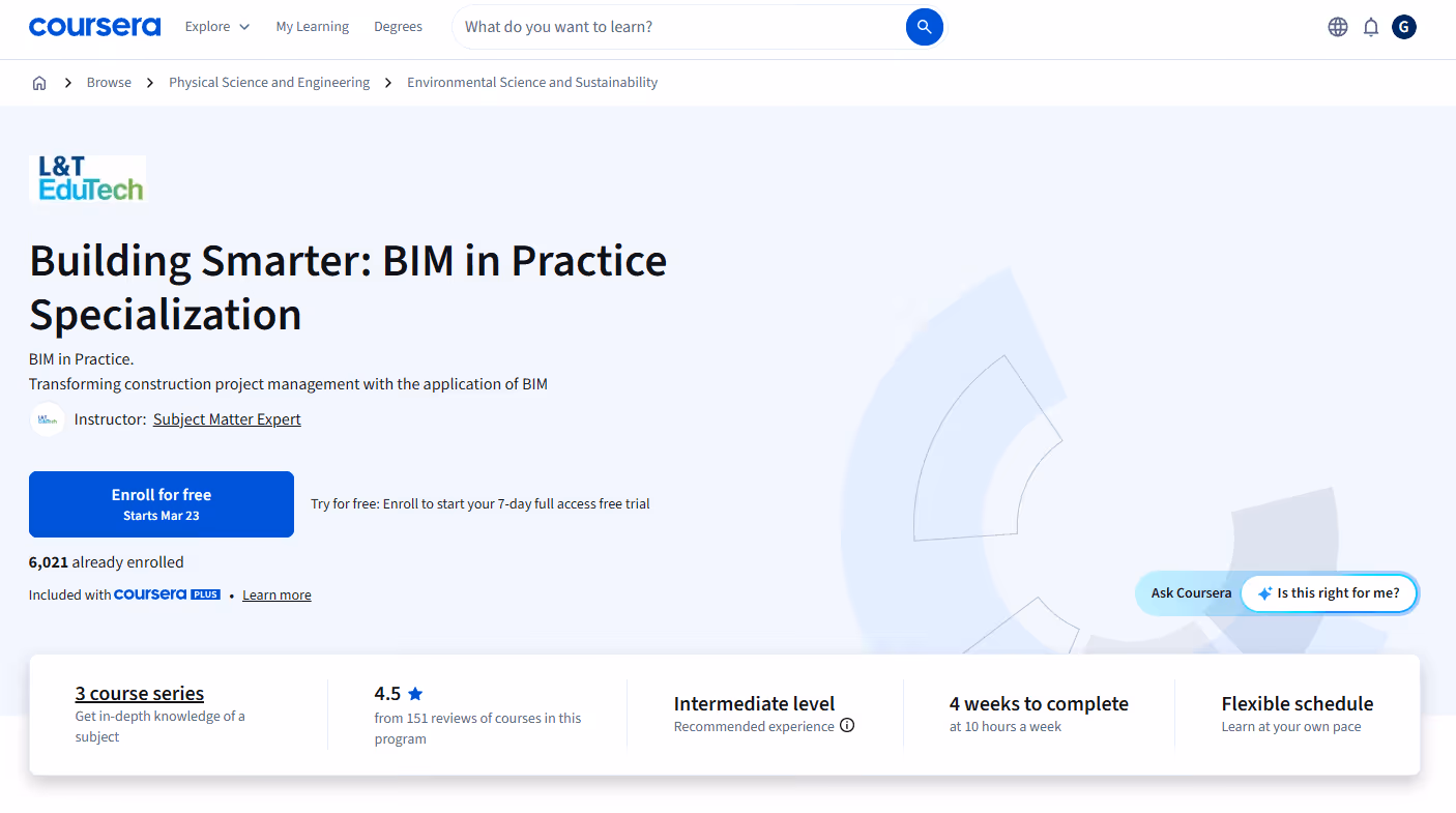 Coursera Building Smarter BIM in Practice specialization page