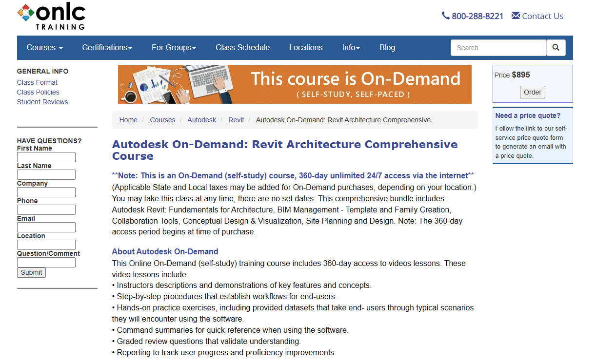 ONLC Autodesk Revit architecture comprehensive course page