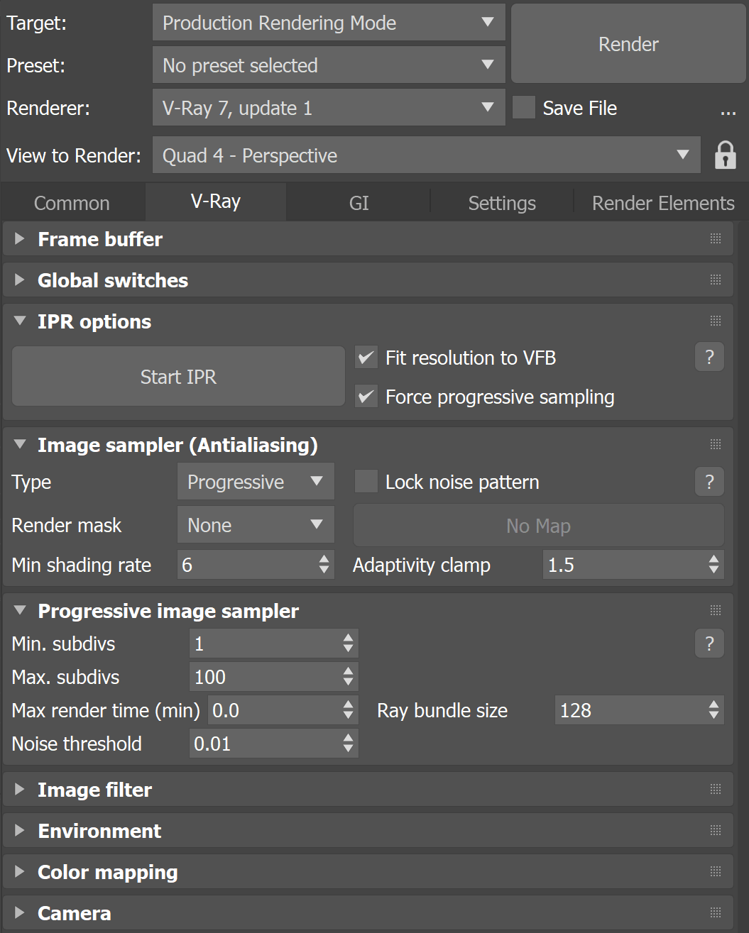 V-Ray image sampler settings panel with progressive and bucket options