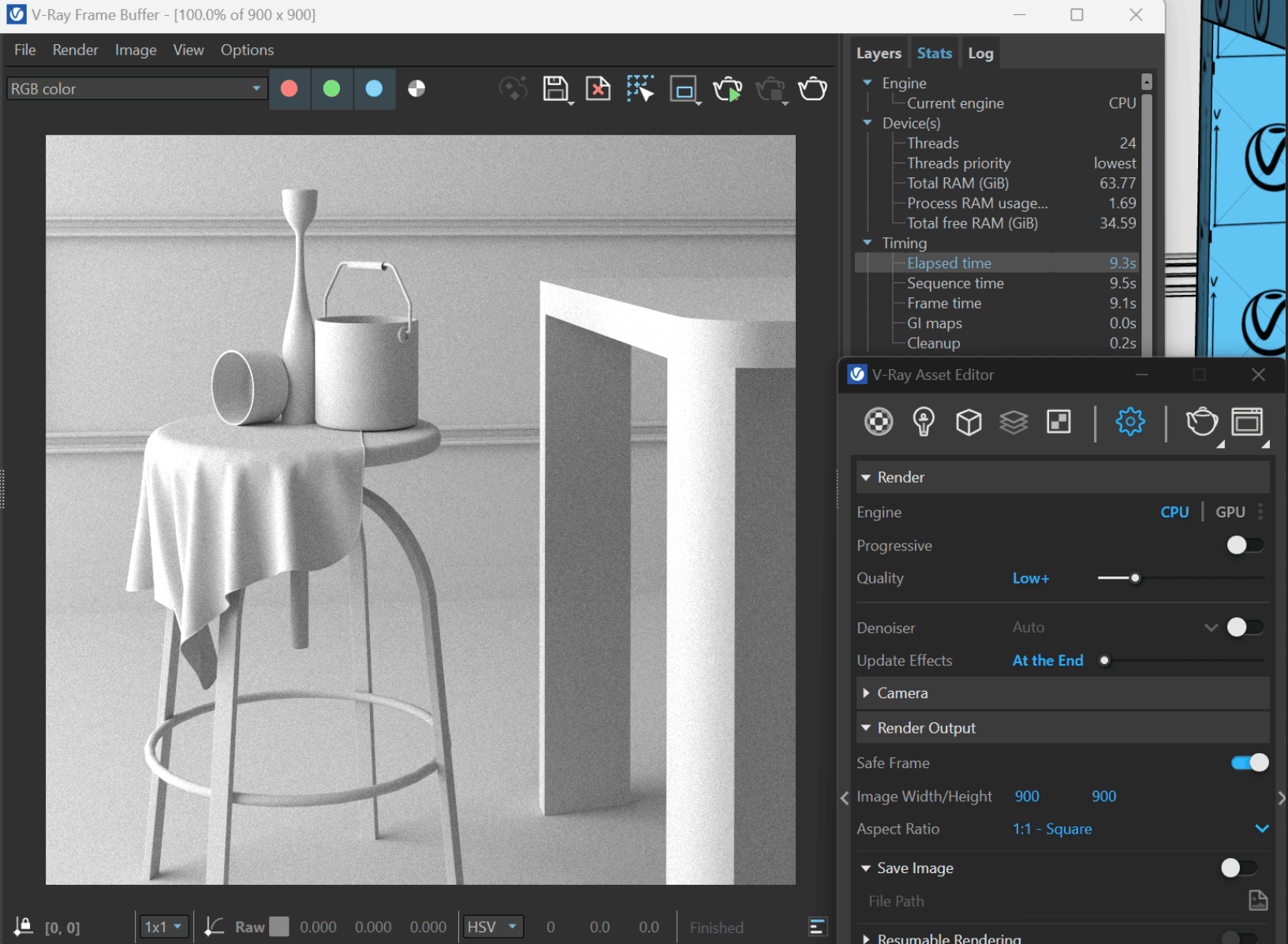 V-Ray quality presets panel showing Low to High+ options in SketchUp