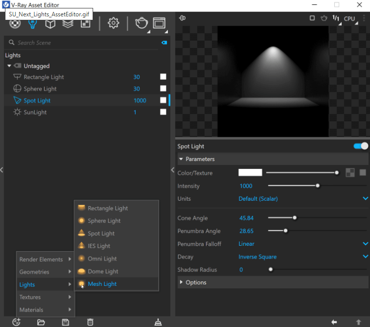 V-Ray lighting parameters including HDRI, sun, and area light controls