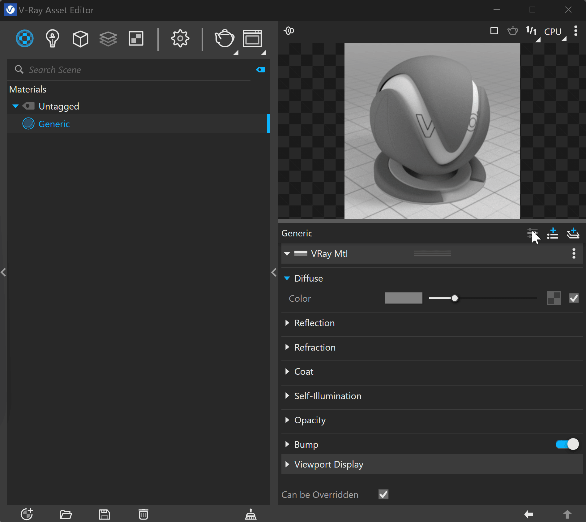 V-Ray material editor showing diffuse, reflection, and refraction settings