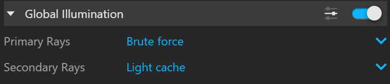 V-Ray global illumination settings panel with brute force and light cache
