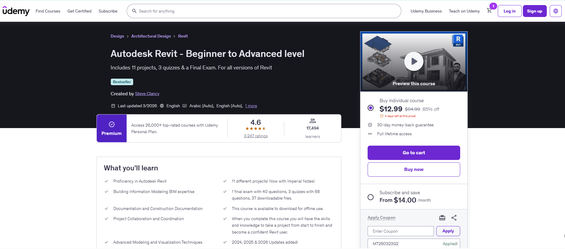 Udemy Autodesk Revit beginner to advanced course page