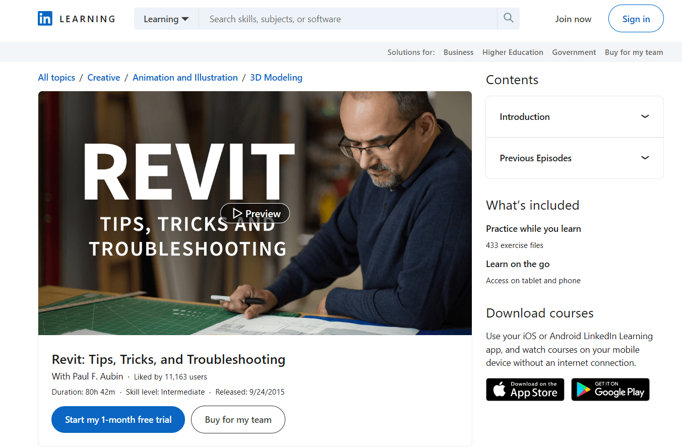 LinkedIn Learning Revit tips tricks and troubleshooting course page