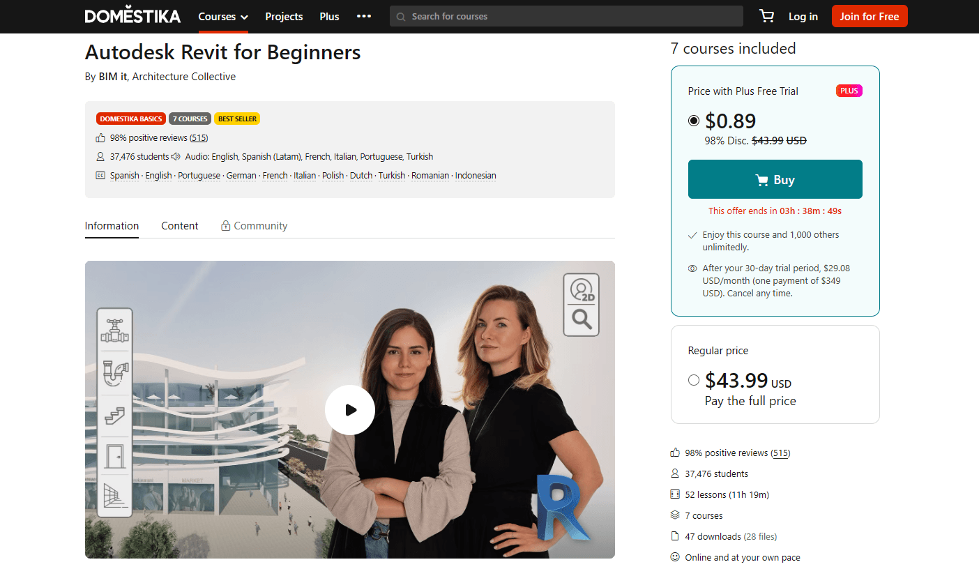 Domestika Autodesk Revit for beginners by BimIT course page
