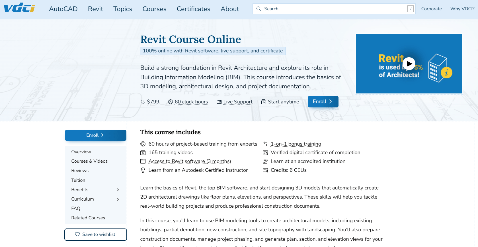 VDCI Revit online course page with pricing and curriculum