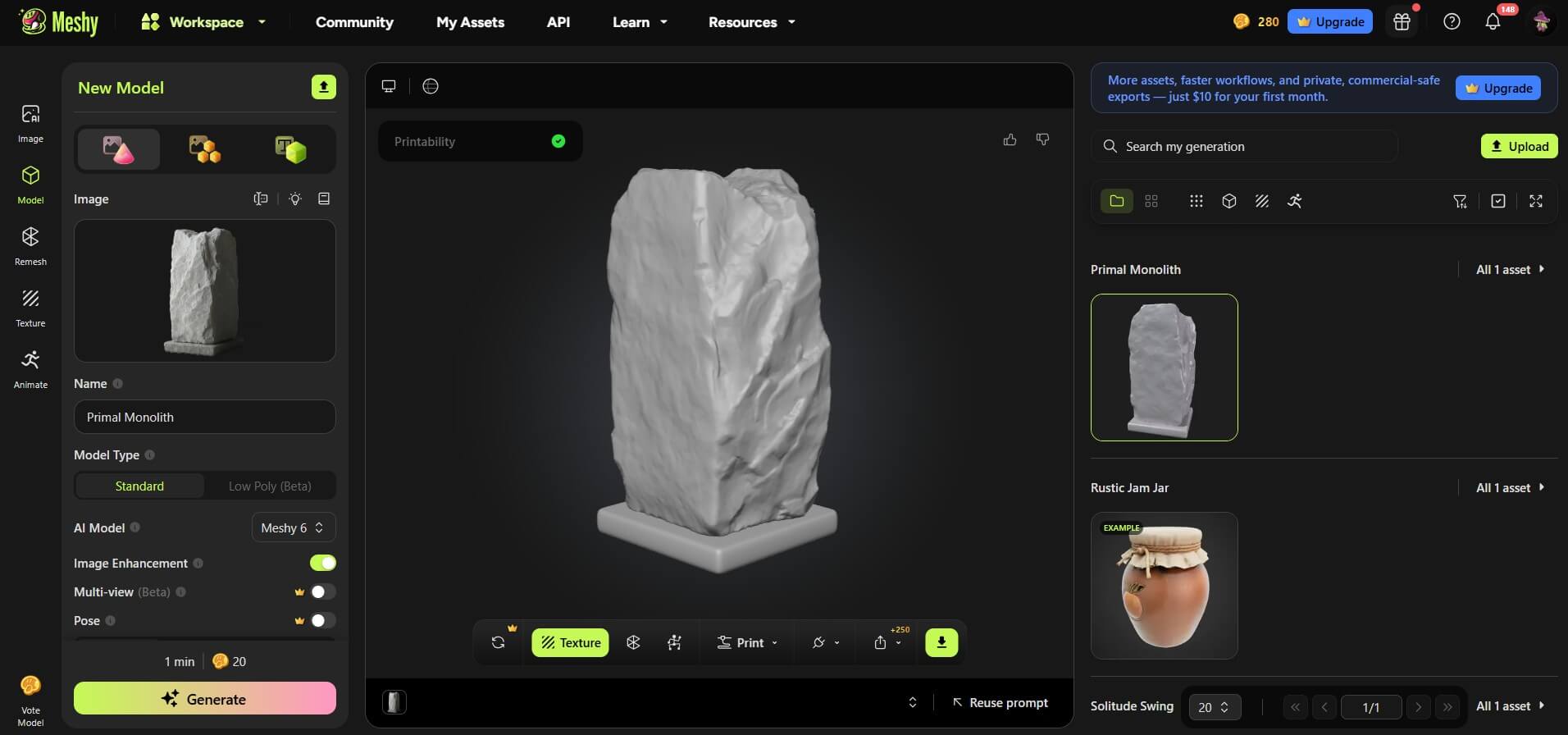 Meshy AI 3D model generation interface for Blender