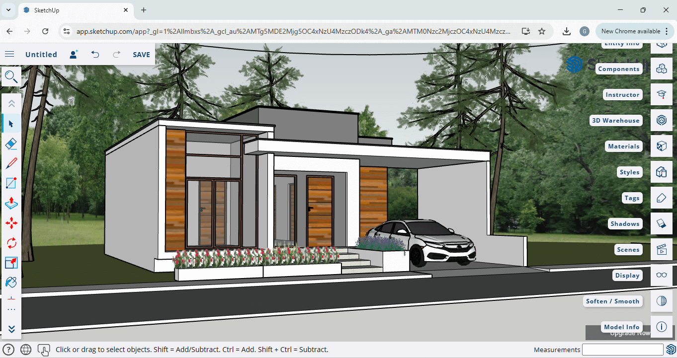 SketchUp Free browser workspace modeling a small modern house with carport, materials and tools panel visible