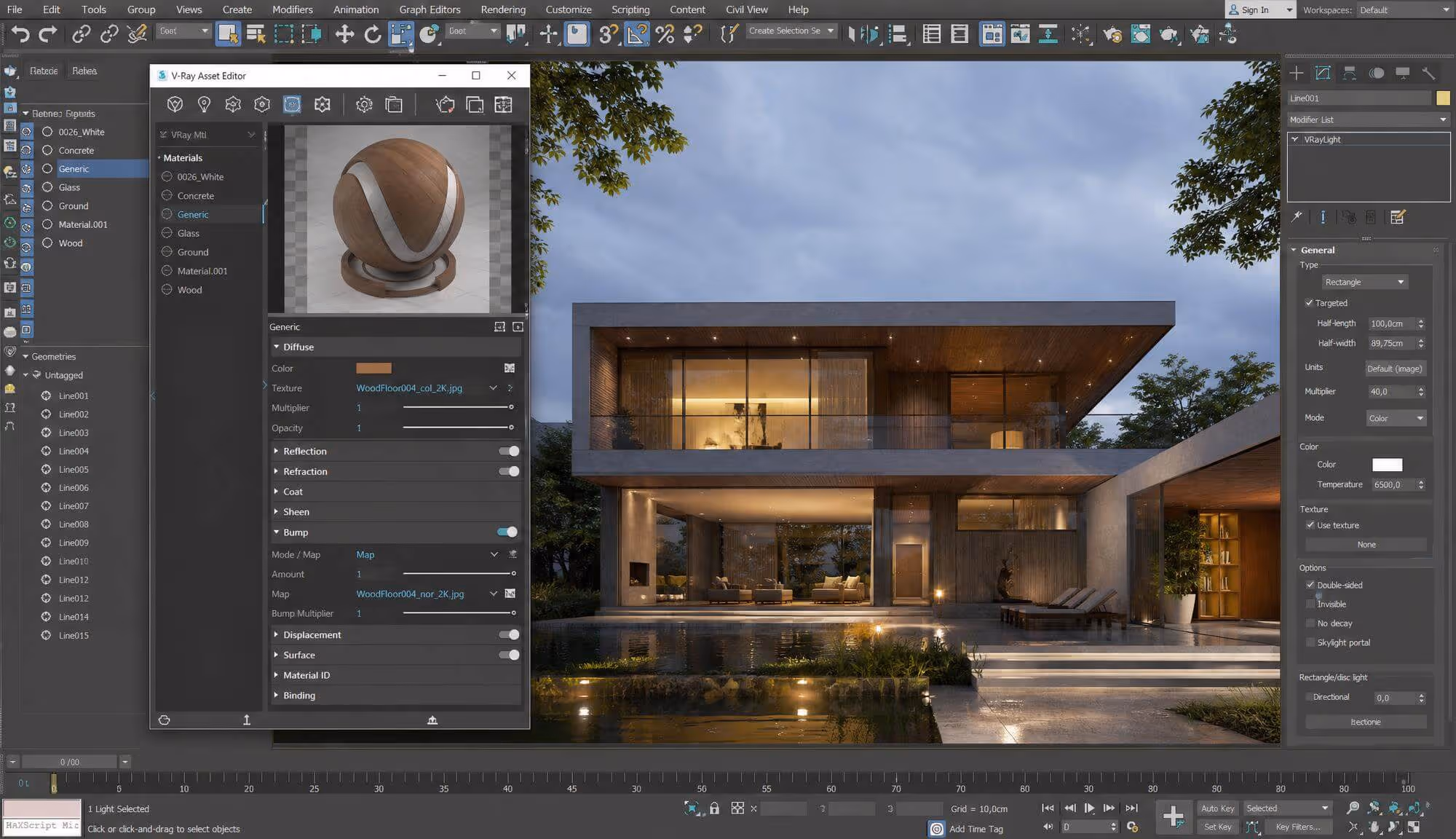 3ds Max viewport with V-Ray Asset Editor open over a dusk render of a modern villa with wood material preview
