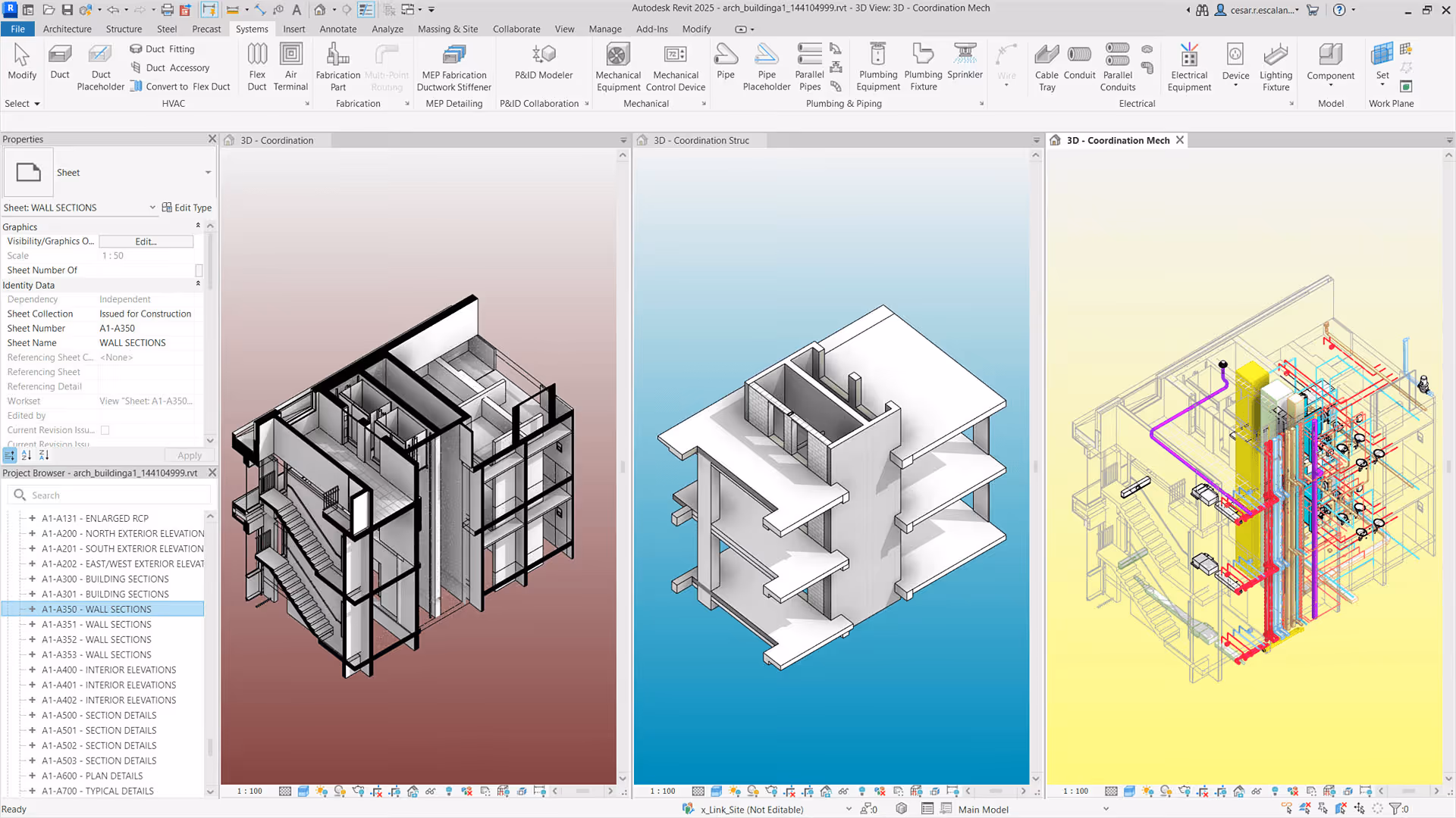 Autodesk Revit interface showing three coordinated views of a multi-story building: structural framing, architectural model, and MEP systems