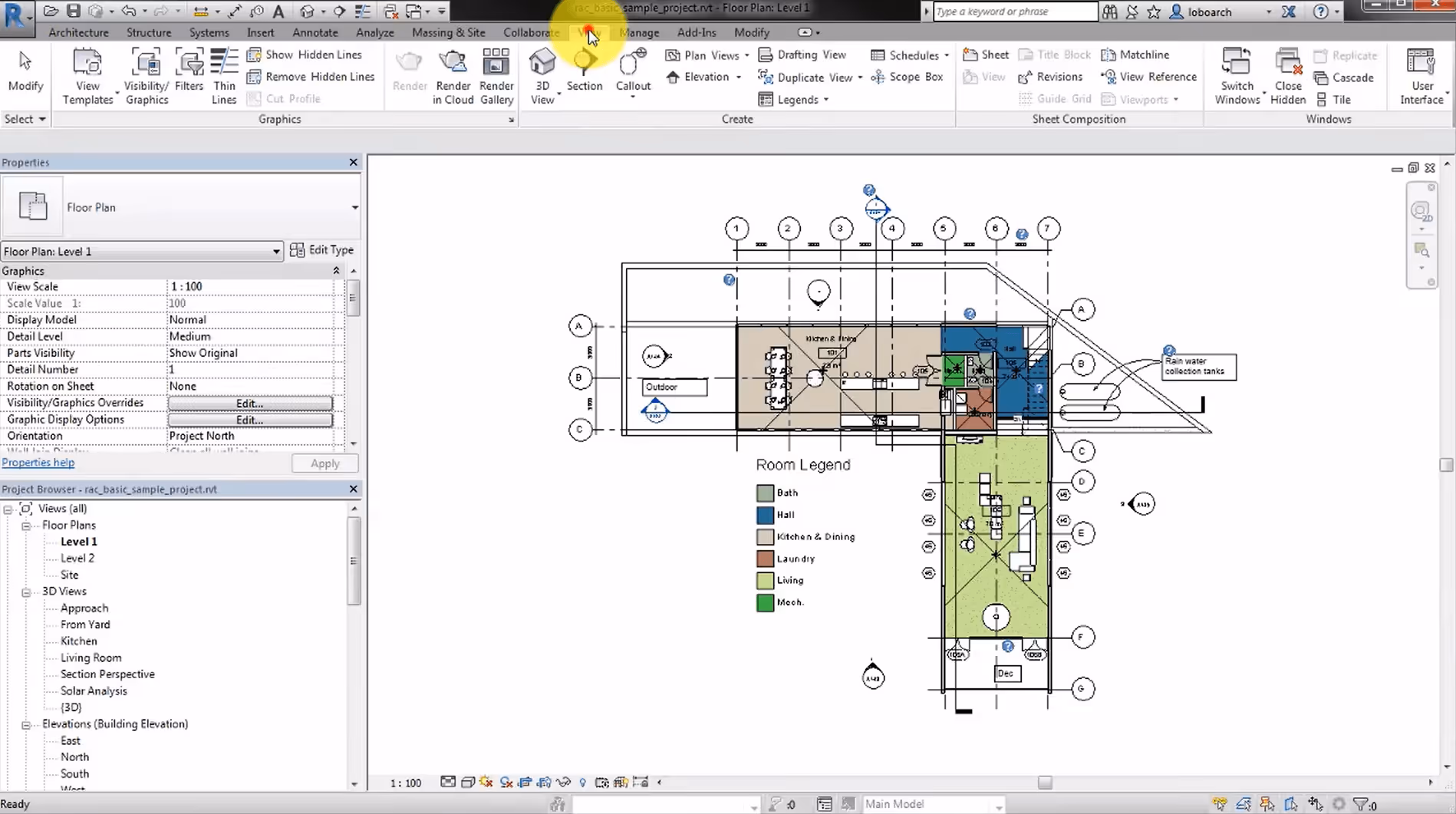 Revit interface showing a residential floor plan with color-coded room legend and Properties panel open on the left
