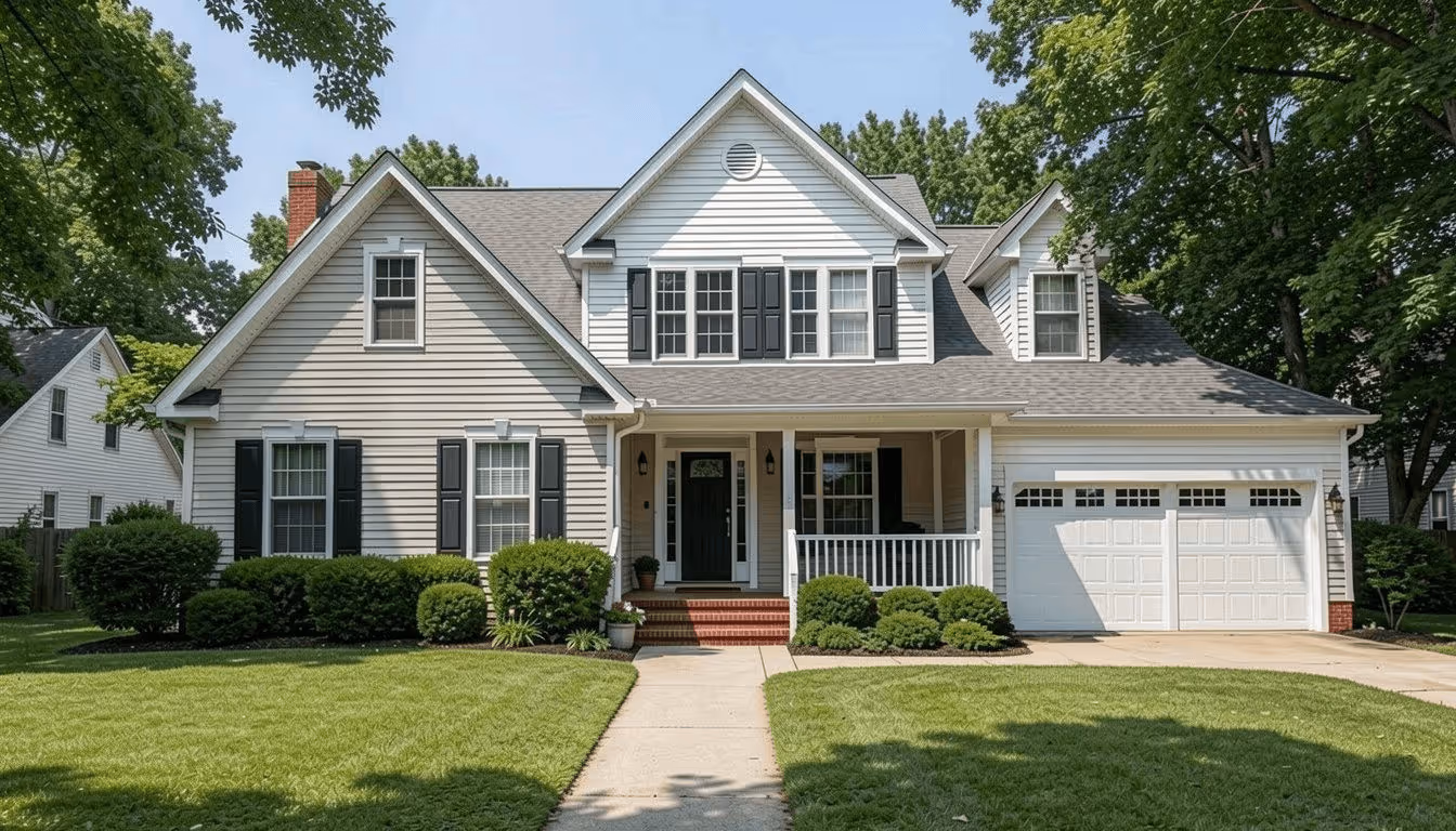 Render of a classic American two-story suburban home with white siding, gabled dormers, and front porch