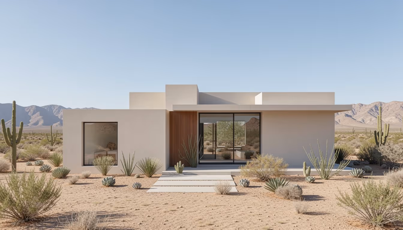Render of a minimalist single-story desert home with stucco walls, dark steel windows, and a cactus landscape