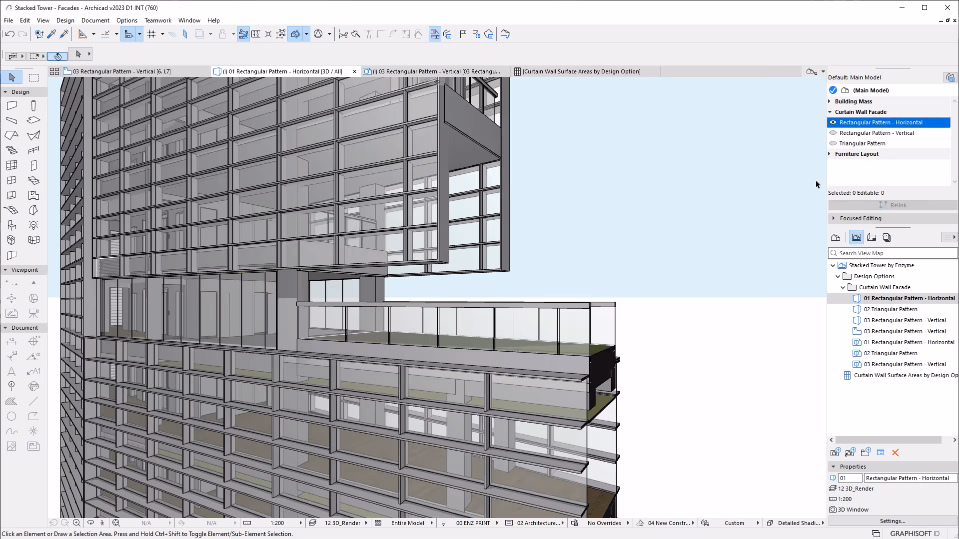 Archicad workspace showing a curtain wall facade on a high-rise model with custom wall surface schemes panel docked on the right