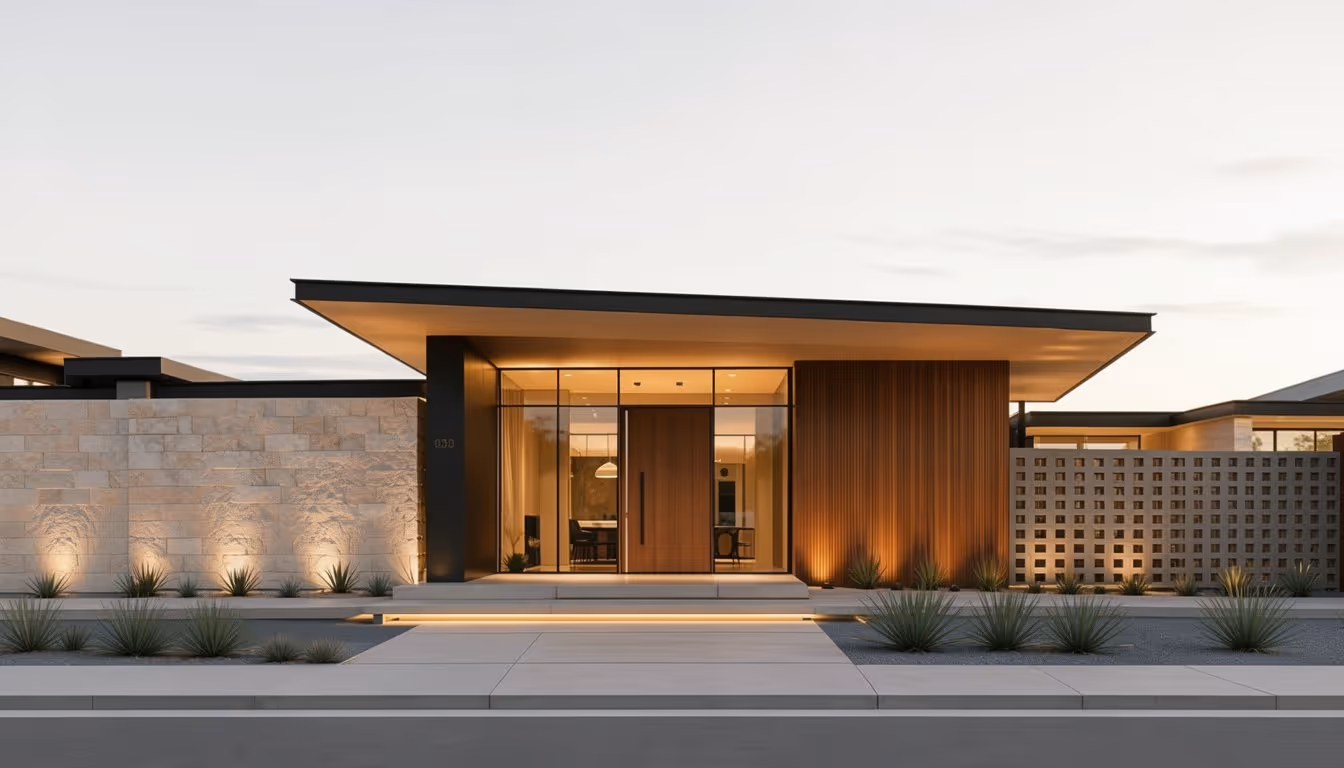 Twinmotion render of a single-story modern home with deep cantilevered roof, wood-clad entry, and stone facade