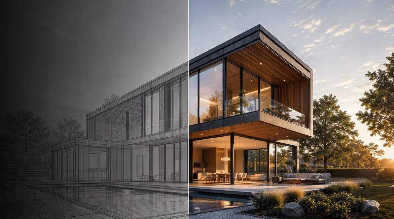 Split-frame visual showing 3D wireframe model on the left transitioning to photorealistic real-time render of a two-story modern house on the right