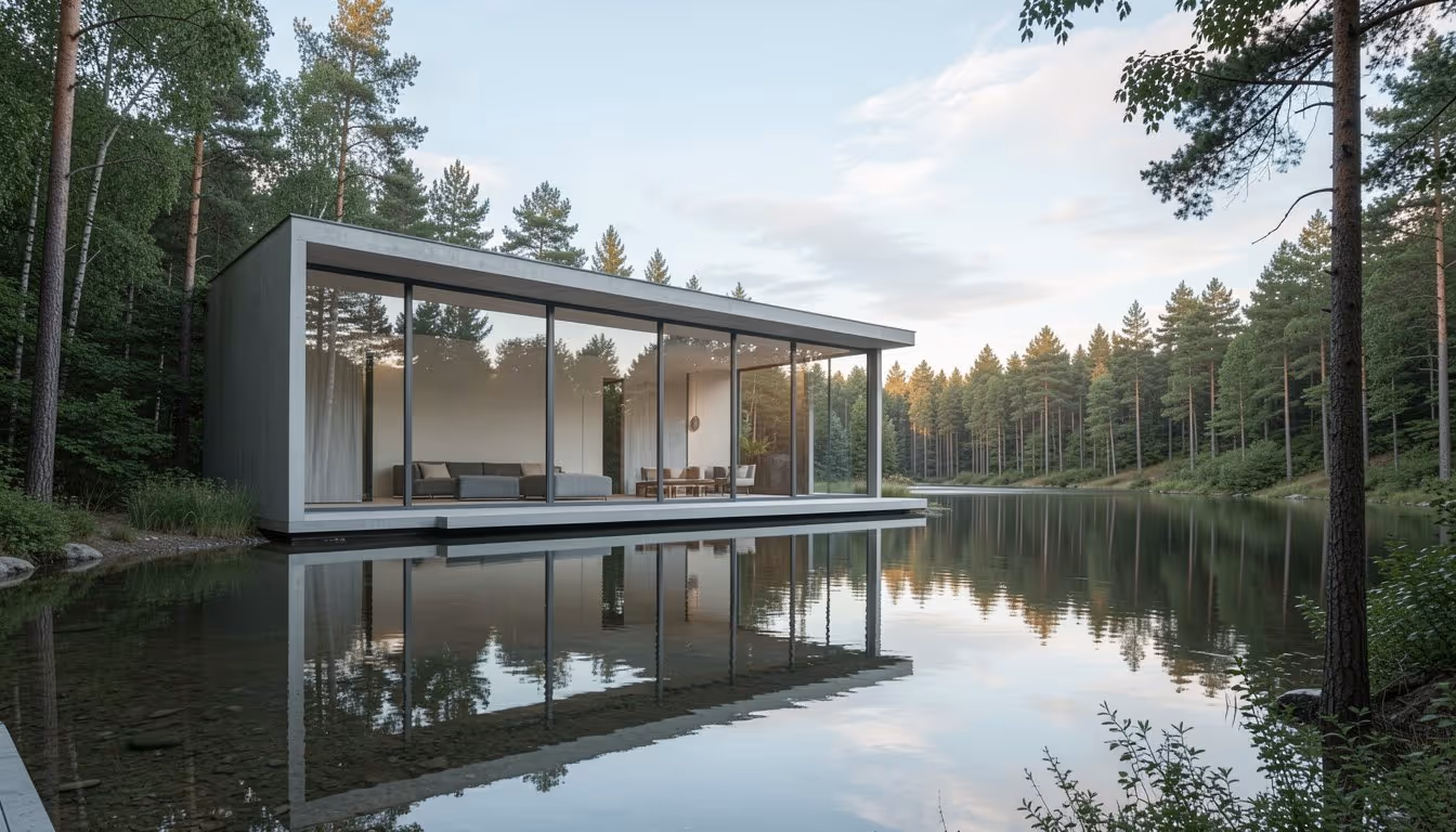 Lumion render of a concrete and glass pavilion reflected in a still forest lake at golden hour