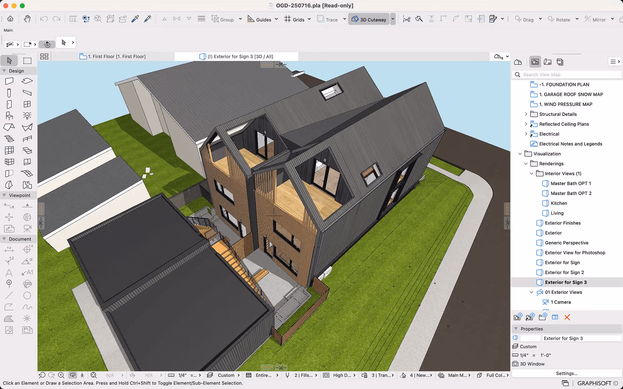 Archicad 3D view of a contemporary timber-clad house model with floor plan tabs and project navigator showing renderings and views