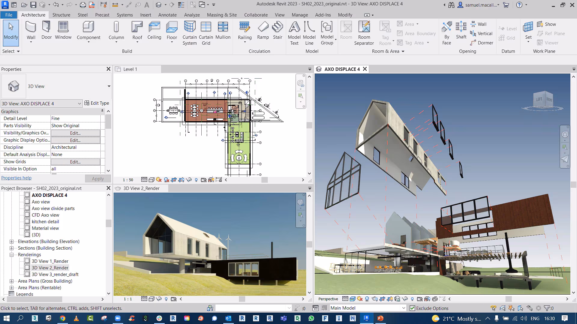 Autodesk Revit interface showing floor plan, 3D axonometric view, exterior render, and project browser panel
