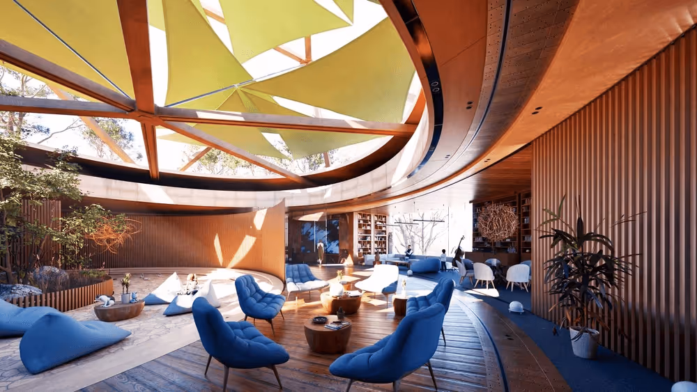 Twinmotion interior render of a curved lounge with yellow fabric ceiling sails, blue armchairs, and timber slat walls