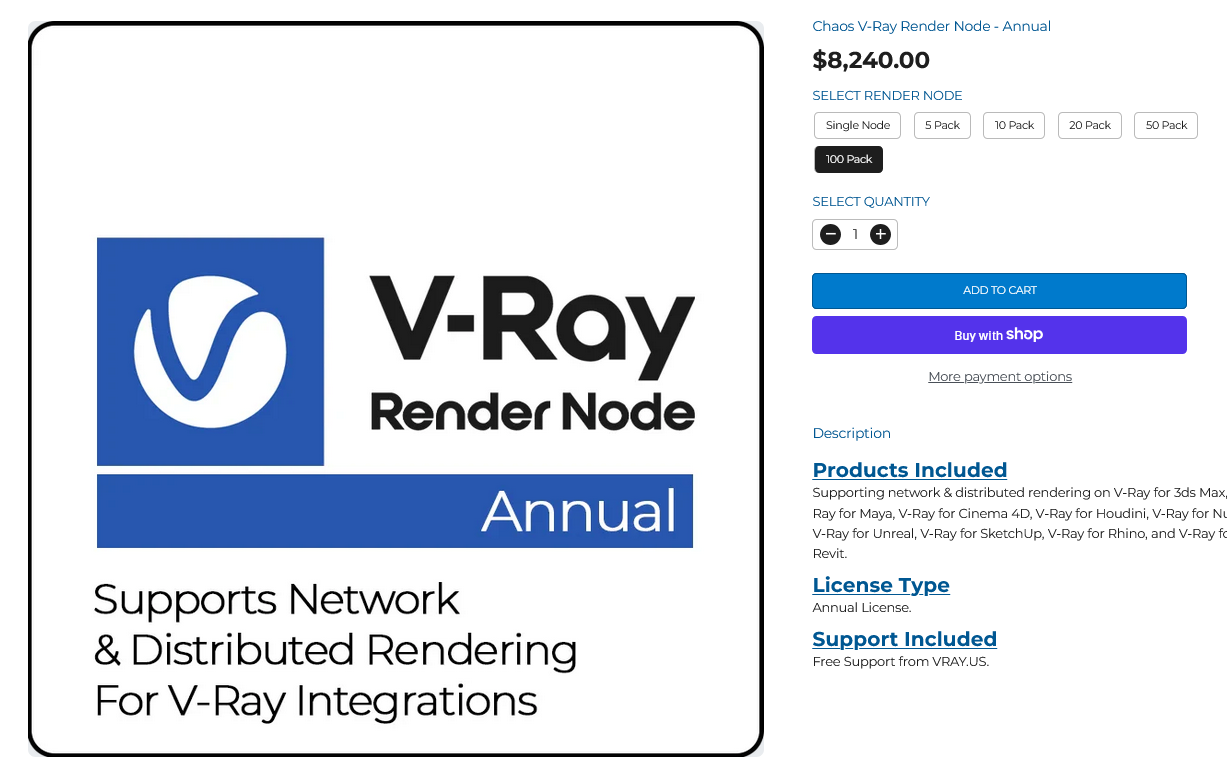 Chaos store product page for V-Ray Render Node Annual showing the $8,240 price and node pack options