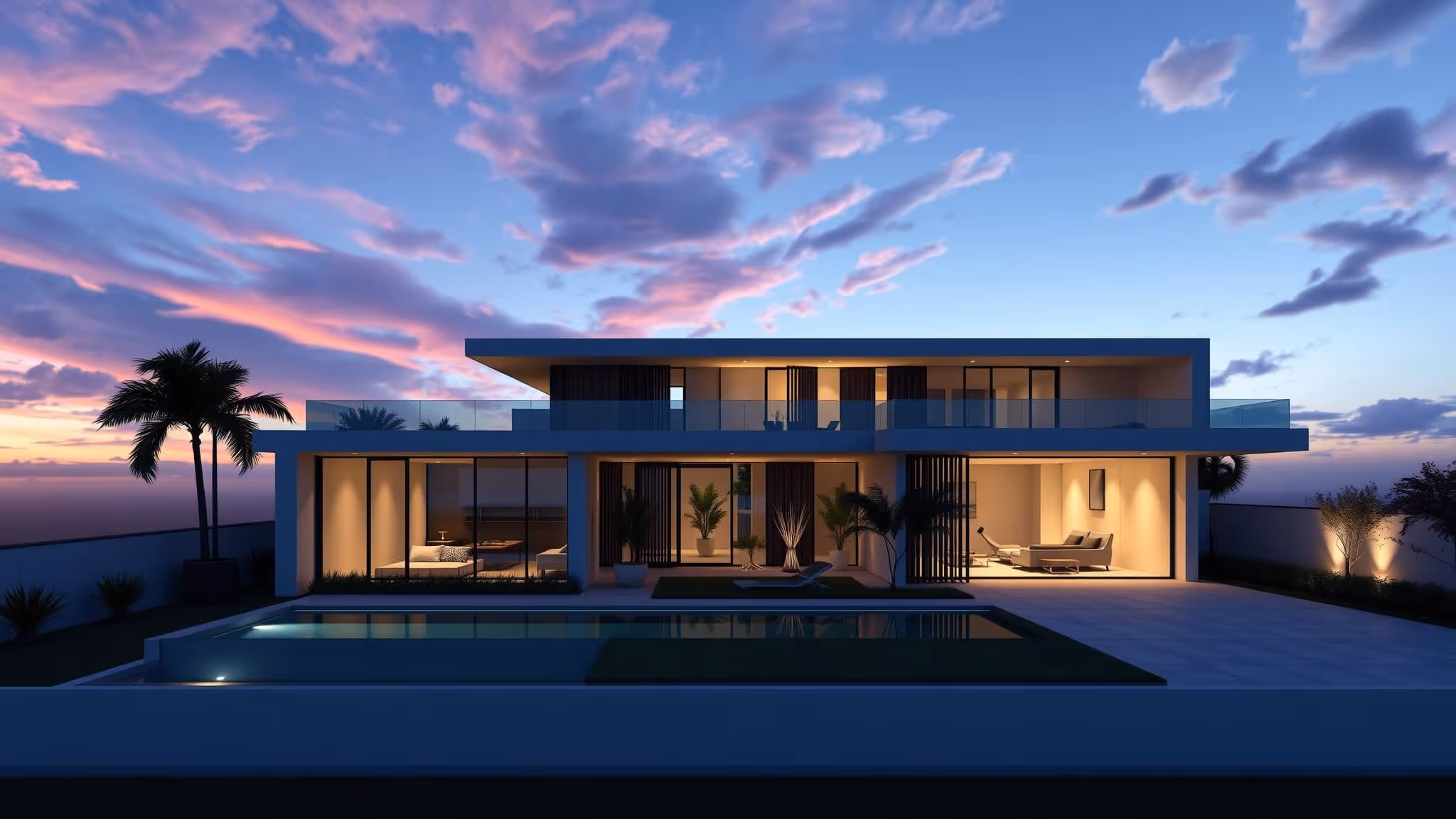 Twilight render of a modern two-story villa with infinity pool, palm trees and a pink and purple cloud-streaked sky