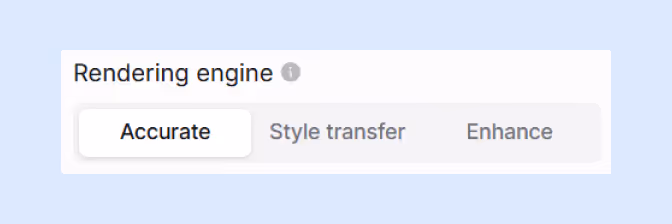 MyArchitectAI rendering engine selector showing Accurate, Style transfer, and Enhance mode tabs
