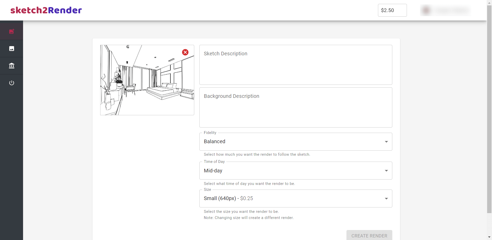 Sketch2Render web app interface with a line-drawn bedroom sketch uploaded and fidelity, time-of-day, and size options on the right
