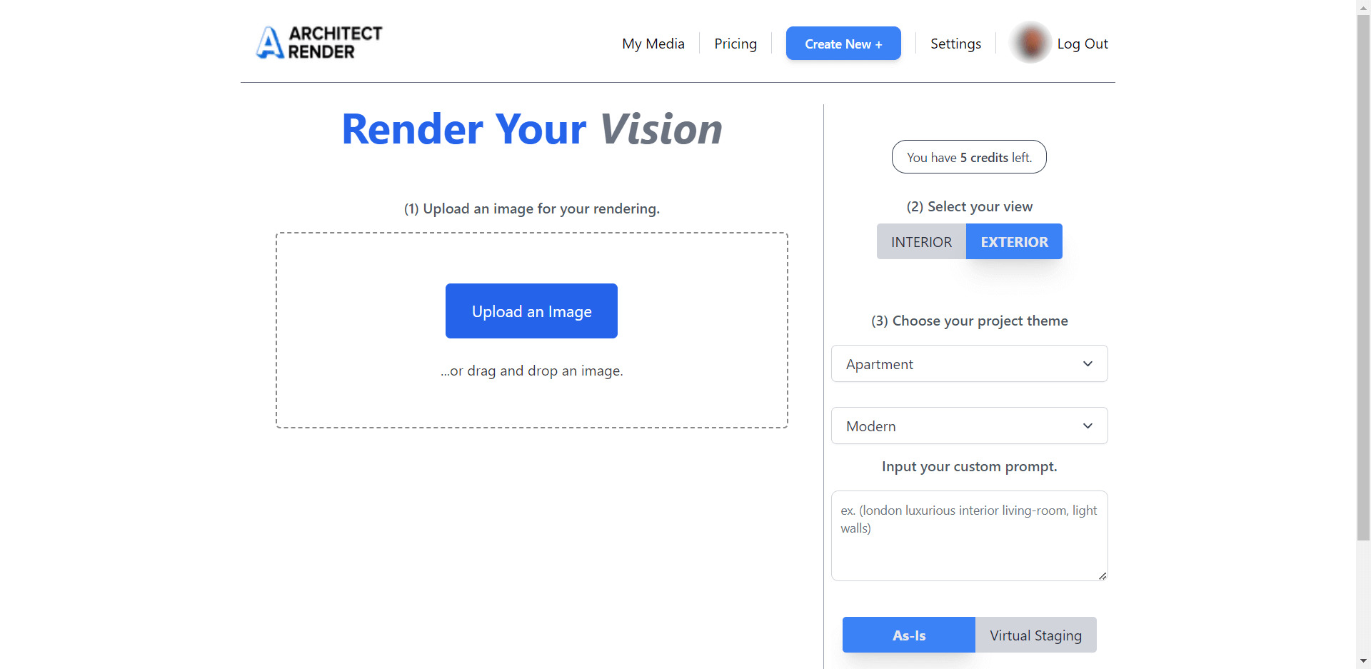 ArchitectRender web app upload screen with image dropzone, interior or exterior view toggle, and project theme settings
