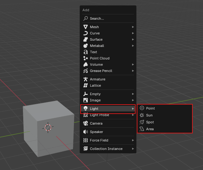 Blender light type options — point, sun, spot, and area lights