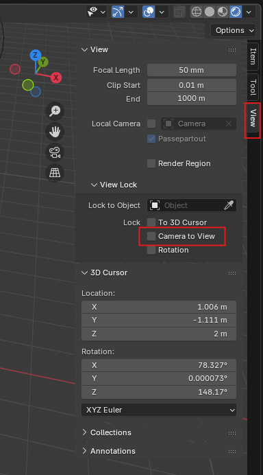 Framing a shot in Blender camera view with the View panel open