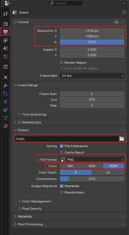 Blender Output Properties tab showing resolution and file format settings