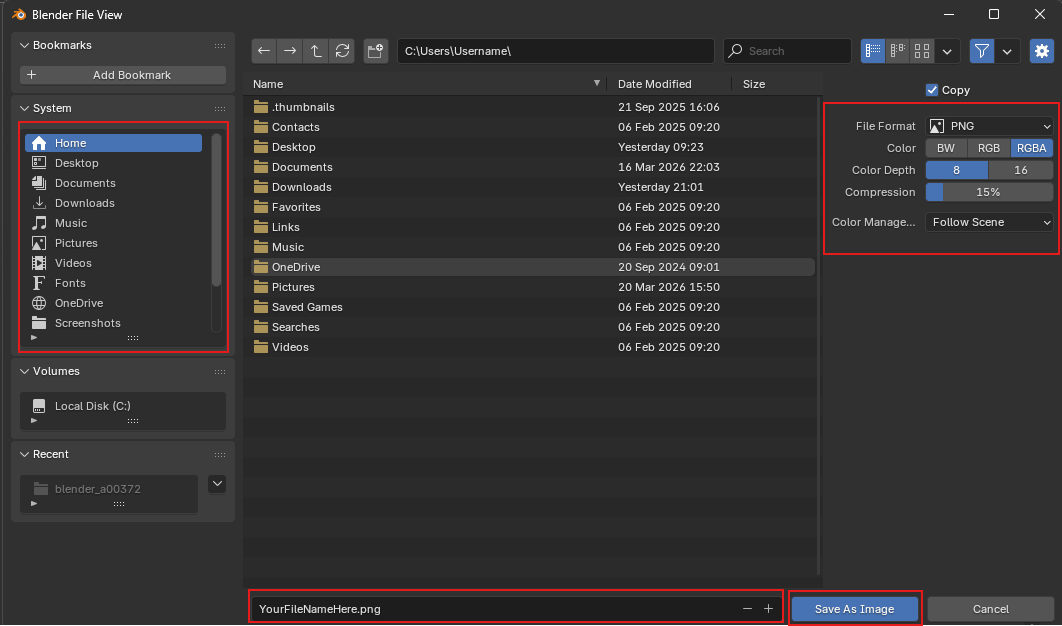 Reviewing file format and output settings when saving a Blender render
