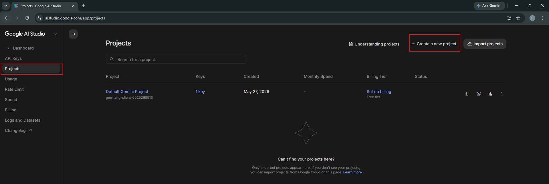 Projects page in Google AI Studio with the Create a new project button highlighted