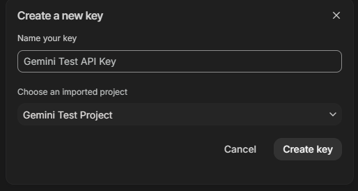 Create a new key dialog in Google AI Studio with fields for key name and project