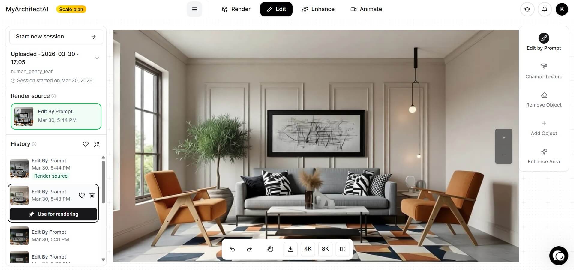 MyArchitectAI editor showing a photorealistic living room render with AI editing tools like Change Texture and Remove Object