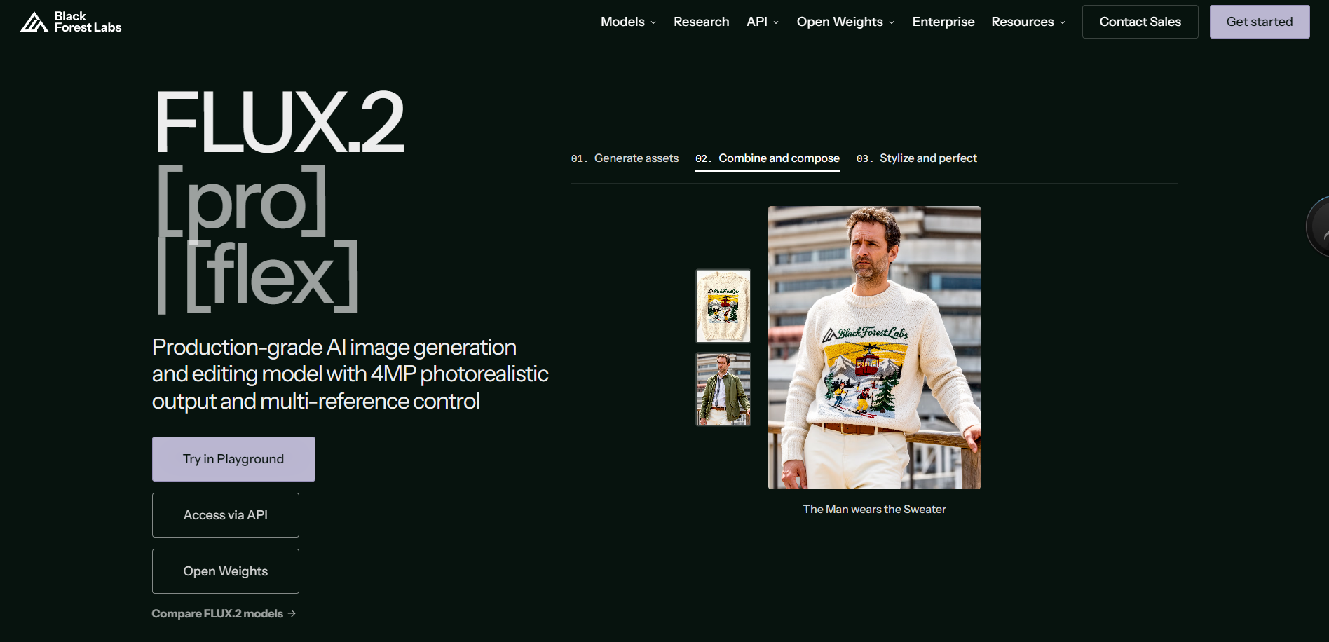Black Forest Labs website showing the FLUX.2 pro and flex image generation models