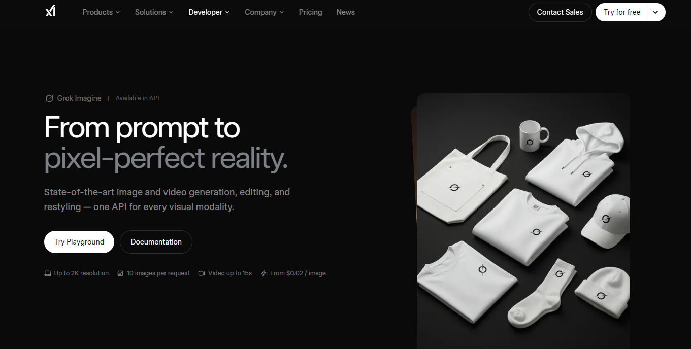 Grok Imagine developer page on the xAI website with API pricing from $0.02 per image