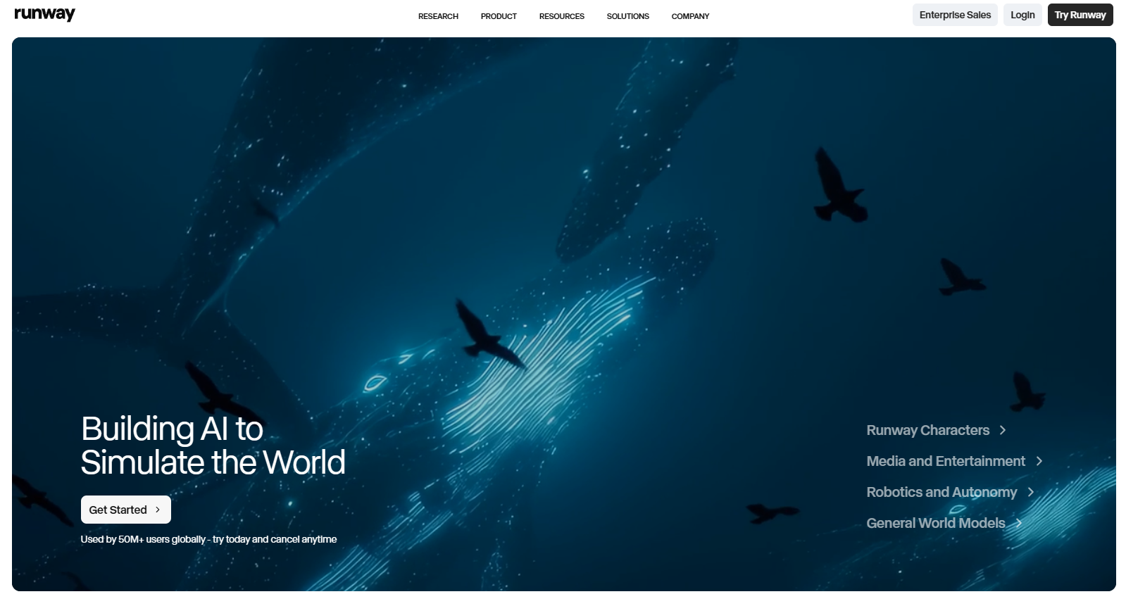 Runway homepage with the tagline Building AI to Simulate the World