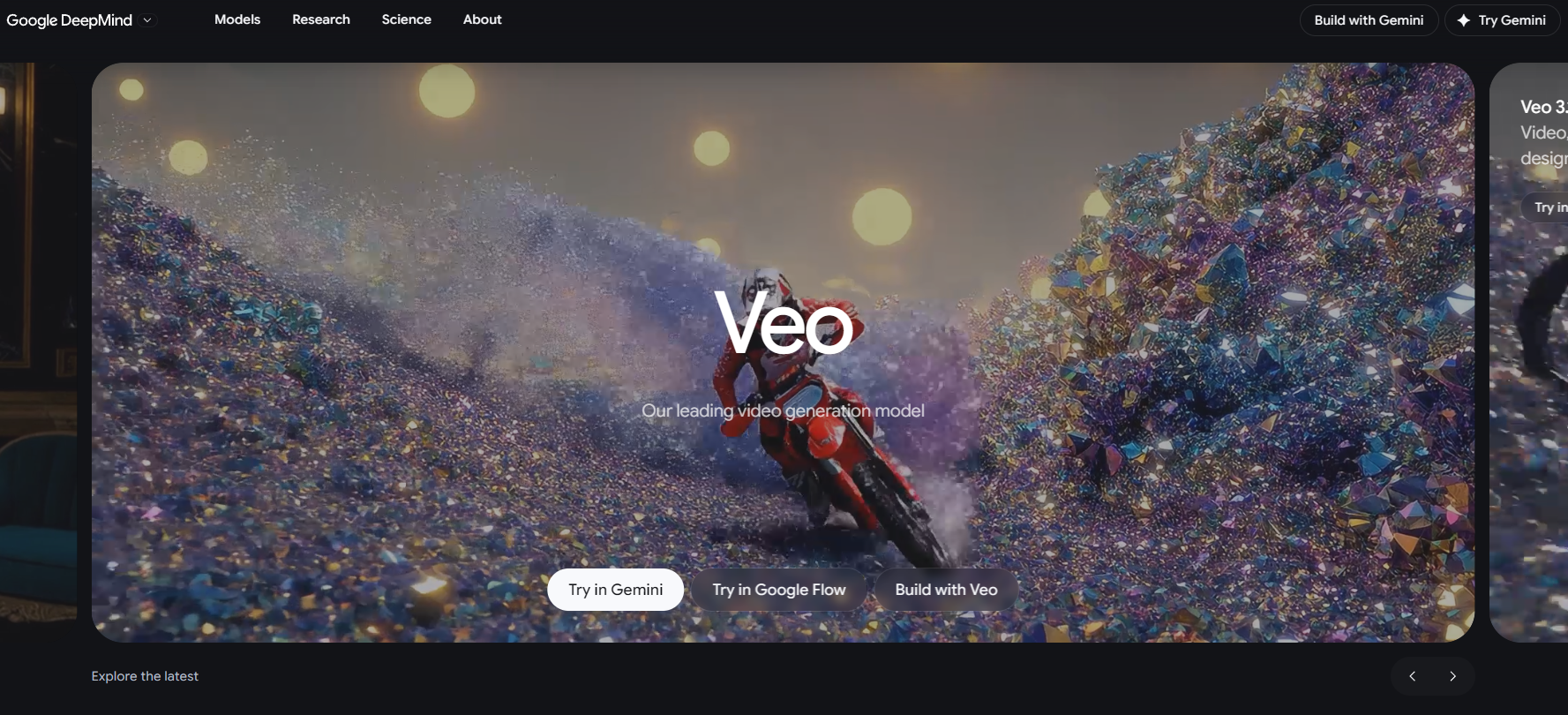 Google DeepMind Veo page with options to try the video model in Gemini and Google Flow