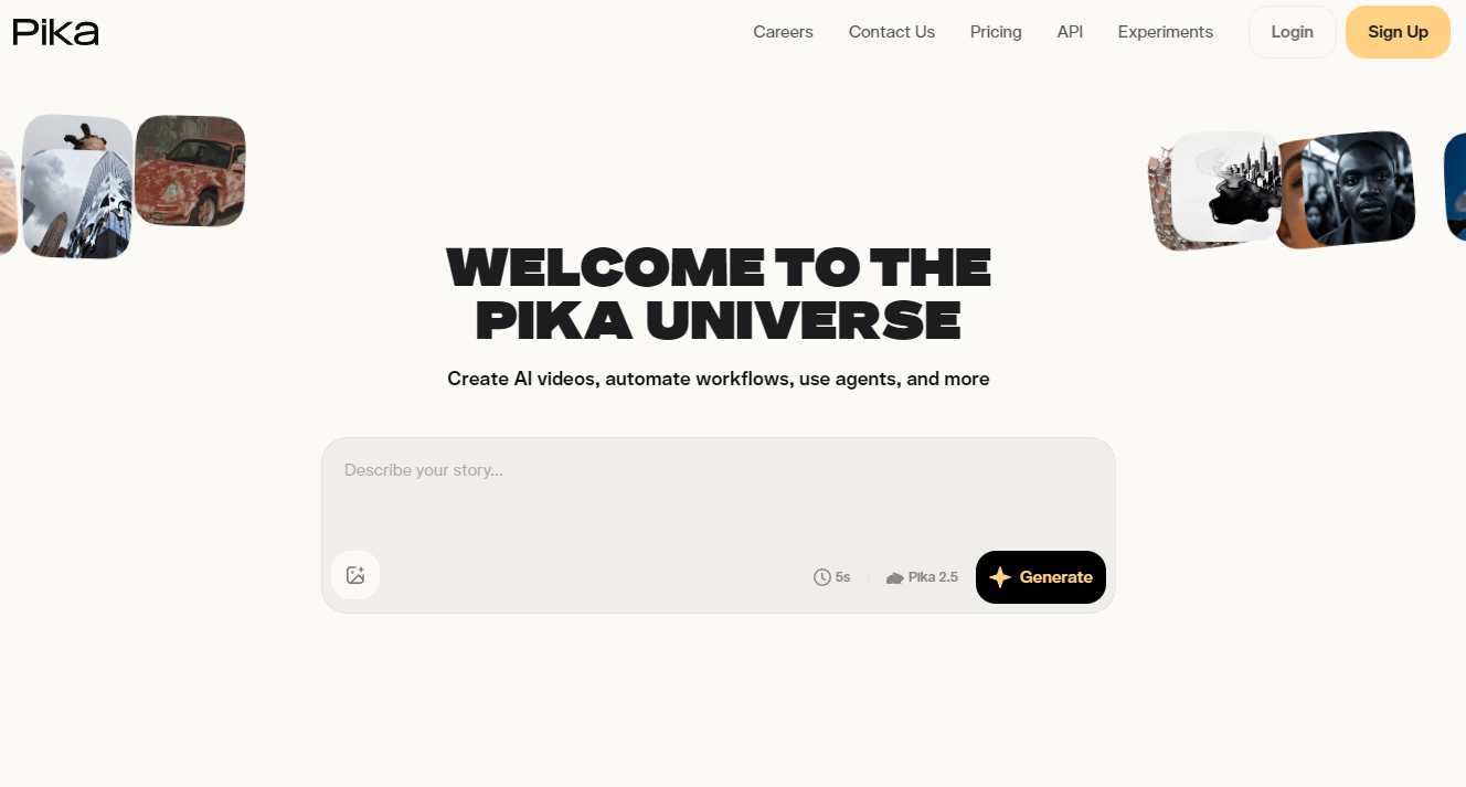 Pika homepage with a prompt box for generating AI videos with Pika 2.5