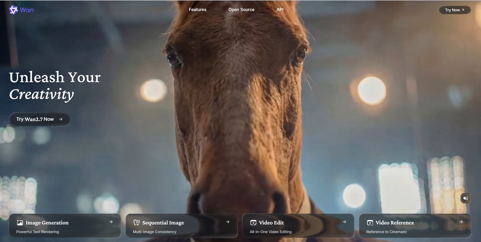 Wan AI video generator homepage showing image generation, video editing, and reference features