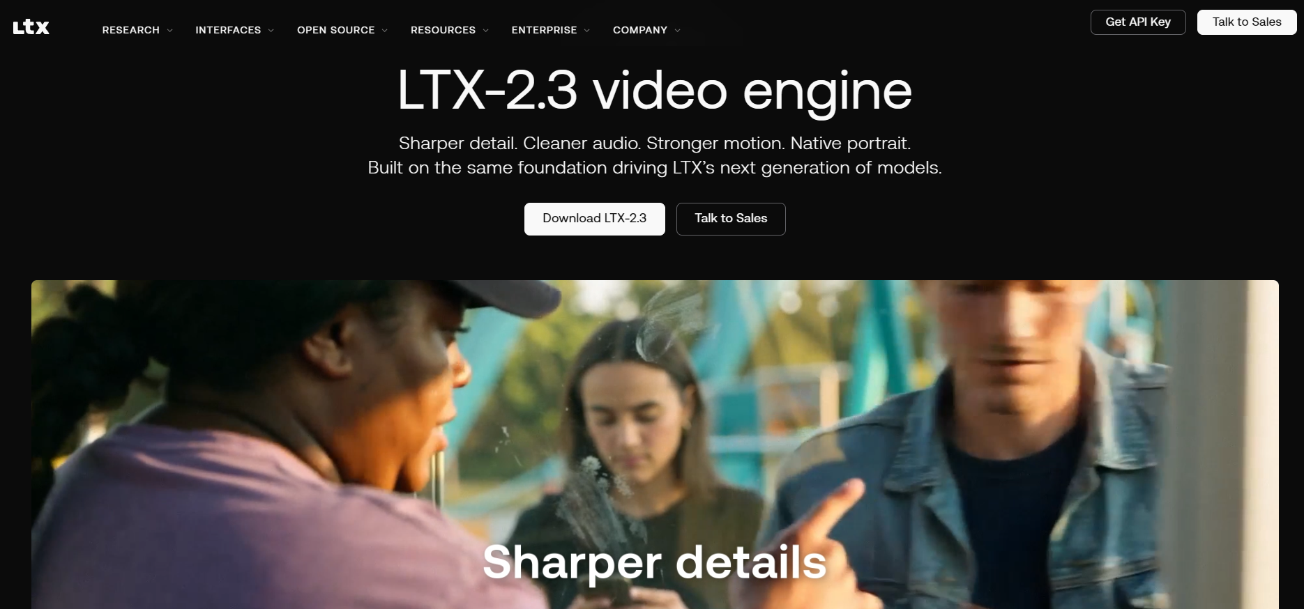 LTX-2.3 video engine page highlighting sharper detail, cleaner audio, and native portrait video