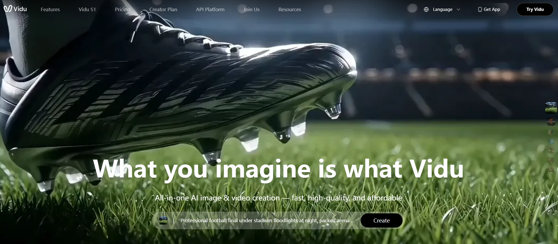 Vidu AI video platform homepage with the tagline What you imagine is what Vidu