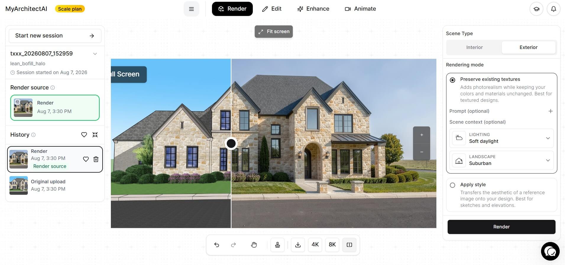 MyArchitectAI interface rendering a SketchUp house model photorealistically, shown with a before and after slider