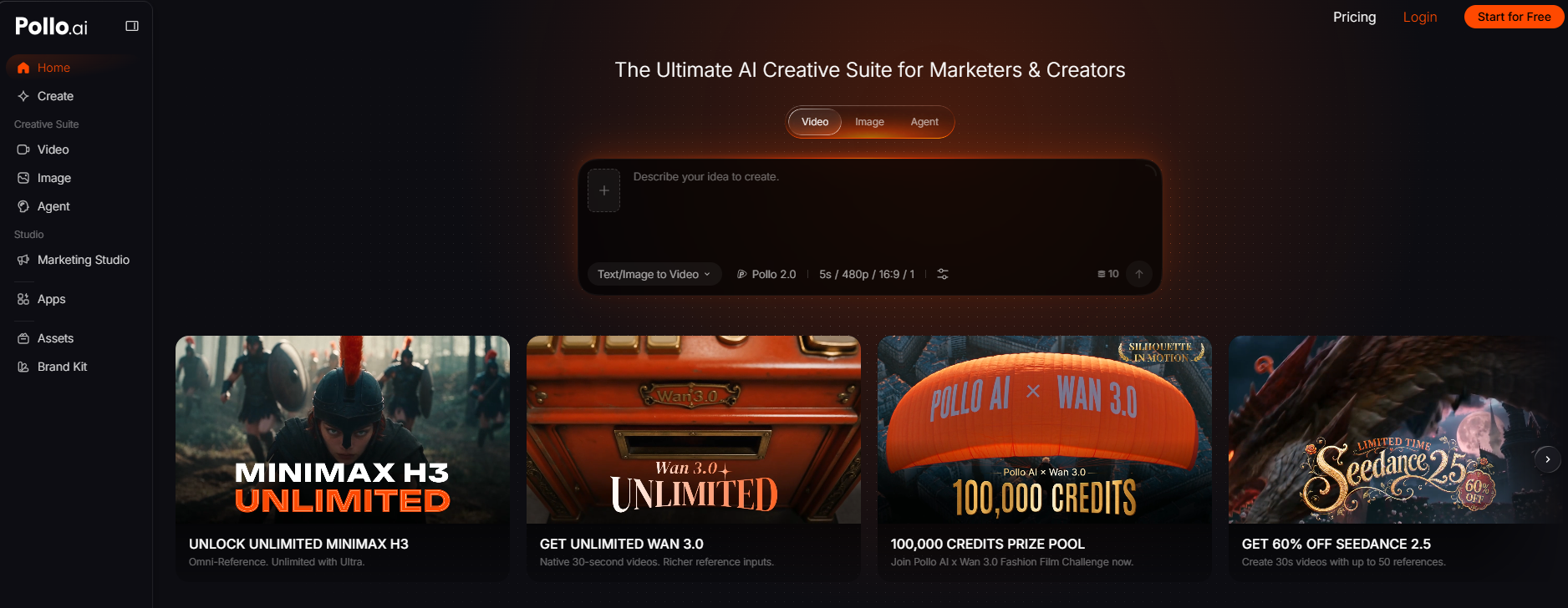 Pollo AI home page titled The Ultimate AI Creative Suite for Marketers & Creators, with a video prompt box and banners for MiniMax H3, Wan 3.0 and Seedance