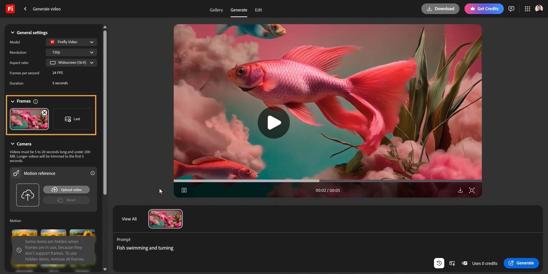 Adobe Firefly Generate video screen using the Firefly Video model to animate a pink fish among clouds from the prompt "Fish swimming and turning"